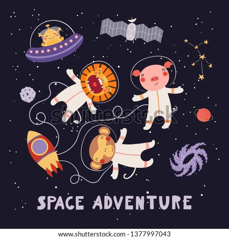 Hand drawn vector illustration of cute animal astronauts, alien in space, with lettering quote Space adventure. Isolated objects on dark. Scandinavian style flat design. Concept for children print.