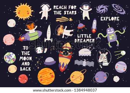 Big set of cute animal astronauts in space, with planets, stars, spaceships, quotes, on dark background. Hand drawn vector illustration. Scandinavian style flat design. Concept for children print.