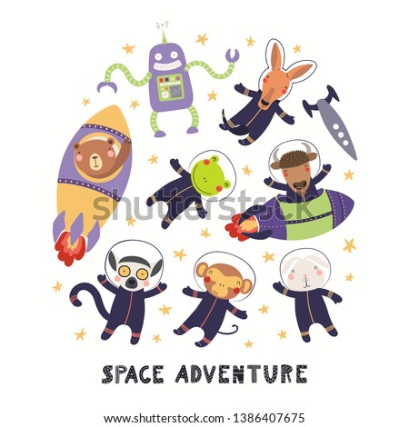 Big set of cute animal astronauts in space, with planets, stars. Isolated objects on white background. Hand drawn vector illustration. Scandinavian style flat design. Concept for children print.