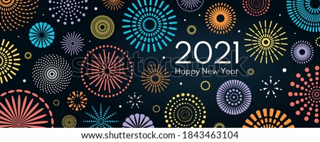 Colorful fireworks 2021 New Year vector illustration, bright on dark blue background, text Happy New Year. Flat style abstract, geometric design. Concept for holiday decor, card, poster, banner, flyer
