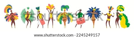 Brazilian carnival dancers, drummers in traditional costumes, isolated on white. Hand drawn cartoon characters vector illustration. Brazil carnival concept, design element for poster, flyer, banner