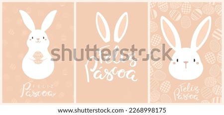 Easter bunnies, cute rabbits, painted eggs cards, posters collection with Portuguese text Feliz Pascoa, Happy Easter. Vector illustration. Flat style design. Concept for holiday print, banner, invite