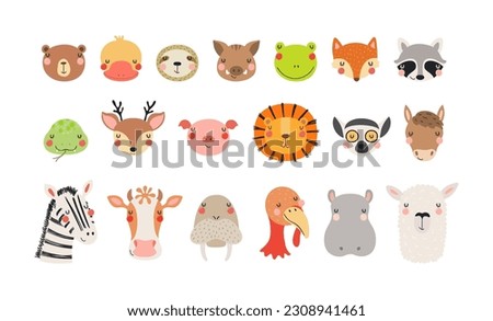 Cute funny baby animals faces illustrations set. Hand drawn cartoon characters. Scandinavian style flat design, isolated vector. Kids print elements, clipart collection, wildlife, nature, poster, card