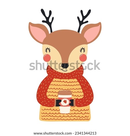 Cute deer in sweater holding paper coffee cup character illustration. Hand drawn animal, Scandinavian style flat design, isolated vector. Kids autumn, fall print, element, seasonal activity
