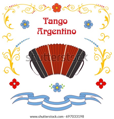 Hand drawn vector illustration with argentine tango design elements - bandoneon, text and traditional Buenos Aires fileteado ornaments. Isolated objects on white background. Concept for dancing.