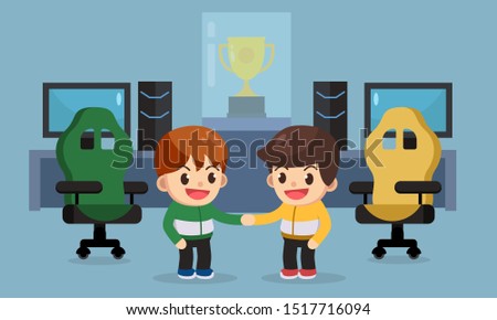 e-sport gamer shake hand before competition, e sport business concept. vector illustration character

