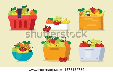 Set of fruits with basket, bag, wood box, cast vector illustration
