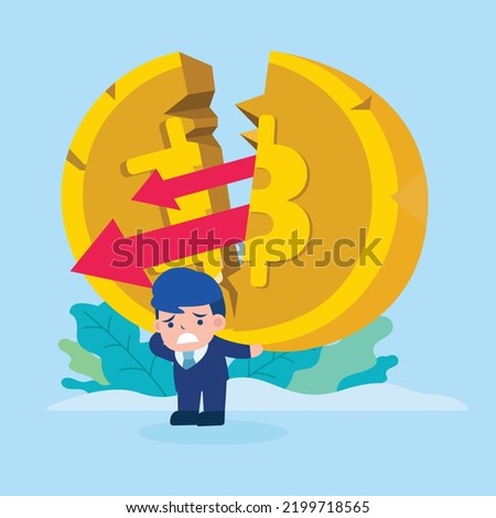 Business man with bitcoin price falls all time low, digital coin crash, down arrow. Vector illustrator
