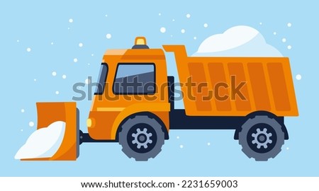 Snow plow truck cleaning road removing snow in a flat style on blue background. Vector illustration in cartoon style. 