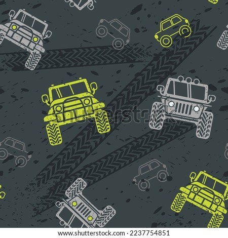 Abstract seamless pattern for boy. Minimalist background with tire track, truck car, all - terrain vehicle, rally, race, extreme, drive and speed modern creative wallpaper in flat style.