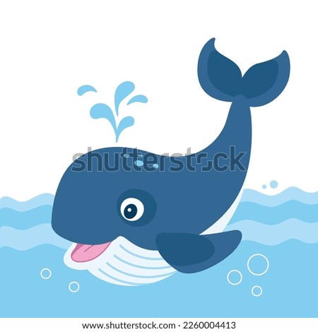 Cute cartoon smiling spouting whale in blue ocean. Isolated illustration in flat style.