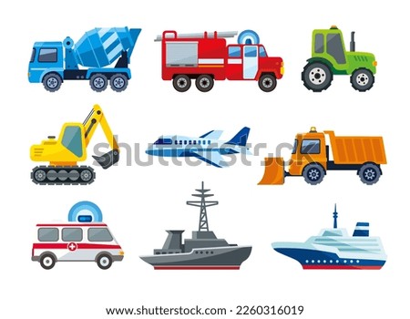 Set of transportation icons. Various means of transportation road, air, water transport. Various types of vehicles. Collection of flat vector illustrations.