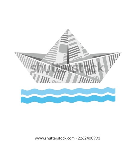 Paper boat made of newspaper illustration. Stream and Paper ship origami vector isolated illustration.