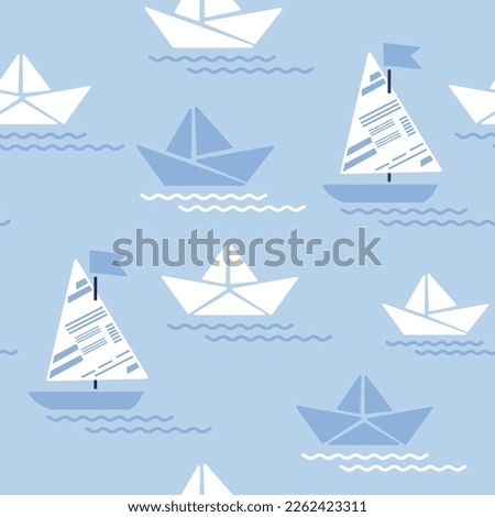 Seamless pattern with paper boat made of newspaper. Stream and paper ship origami vector illustration.