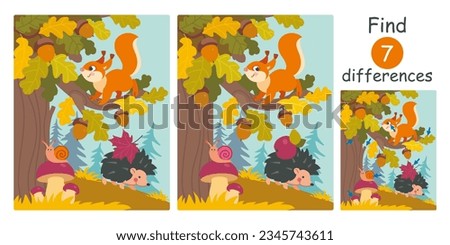 Find differences, education game for children. Cute cartoon squirrel on oak tree with acorns.  Autumn forest with animals, squirrel and hedgehog, mushrooms, acorns flat vector illustration.