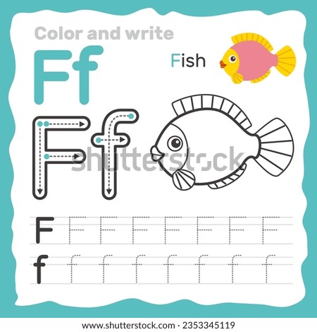 ABC alphabet tracing practice worksheet. Educational coloring book page with outline vector illustration for preschool. Letter F.