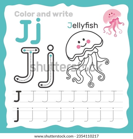 ABC alphabet tracing practice worksheet. Educational coloring book page with outline vector illustration for preschool. Letter J.