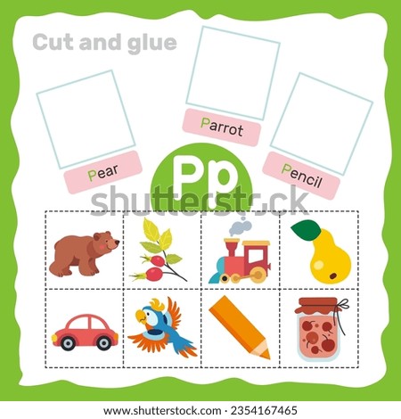 Alphabet worksheet with exercises for preschool kids. Educational cards with game for children. Cut and glue vector illustration. Kids learning material letter P.