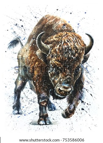 watercolor, buffalo, bison, animal, background, isolated, wild, illustration, nature, white, art, wildlife, animals, hand, texture, bull, exotic, tattoo, paint, mammal, west, painting, black, american