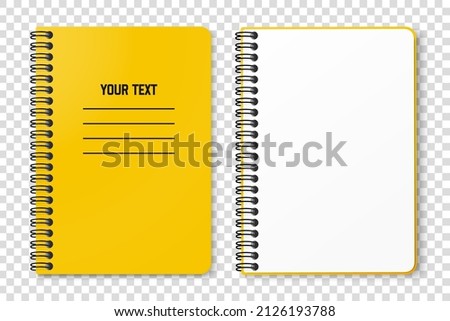 Horizontal spiral spring yellow notepad with space for your image or text on transparent background for mockup. Notebook vector design concept. Clipart illustration. Top view