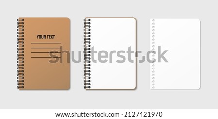 Vertical spiral spring notepad with space for your image or text on gray isolated background in three variations. Clean empty sheet. Notebook vector clipart illustration. Top view