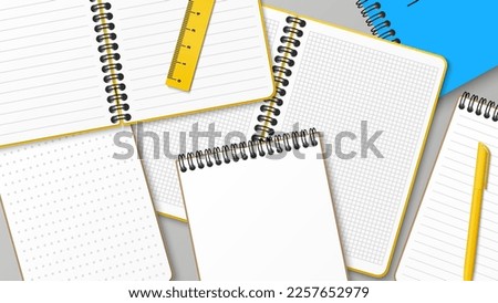 Composition with a bunch of notebooks and a stack notepad on the table. Pile of books with ruler and pen. Heap paper. Workplace. Business brainstorming. Place for text. Flat lay. Vector illustration.