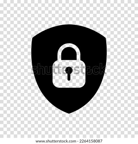 Icon or symbol of a shield with a closed padlock. Sign lock on a transparent background. Vector illustration.