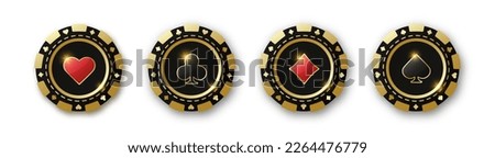Set of red and black poker chips. Gambling tokens with suits for poker and casino. Diamonds, clubs, hearts, spades chips. Vector illustration on a white background.