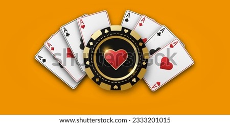 Realistic playing chip with the suit of hearts, gambling tokens. Fans of playing cards ace of all suits. The concept of playing poker or casino. Vector illustration on a orange bg.