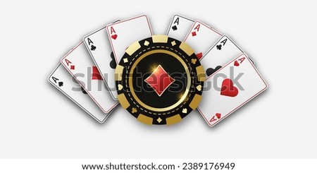 Realistic playing chip with the suit of diamonds, gambling tokens. Fans of playing cards ace of all suits. The concept of playing poker or casino. Vector illustration on a white bg.