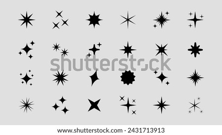 Set of original star sparkle shapes. Abstract shine effect vector sign. Retro futuristic bright vector icons collection. Glowing light effect, twinkle templates stars and bursts, shiny flash.