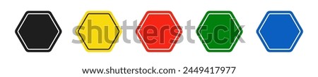 Set of hexagonal black, yellow, red, green and blue road signs. Vector illustration of icons for warning about the situation on the road. White isolated background.