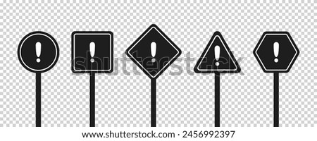 Set of round, square, rhombic, triangular and hexagonal black road signs with exclamation point. Caution sign. Vector icons for warning about the situation on the road. Transparent isolated background