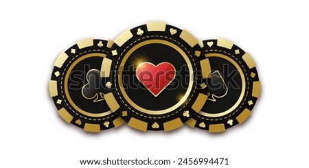 Gambling coin with suit hearts. Trio of playing chips or token. Realistic playing chip with the suit of hearts in the center, gambling tokens. Banner for web app or site. Concept poker or casino.