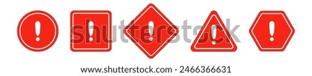 Set of round, square, rhombic, triangular and hexagonal red road signs with exclamation point. Caution sign. Vector icons for warning about the situation on the road. White isolated background