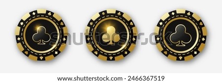 Clubs suit chips. Set of gold and black and poker chips. Gambling tokens with suits for poker and casino and roulette. Vector illustration. For game design, advertising web banner and poster.