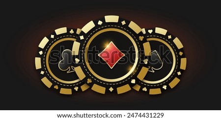 Realistic playing chip with the suit of diamond in the center, gambling tokens. Trio of playing chips or token. Concept poker or casino. Gambling coin with suit diamonds. Banner for web app or site.