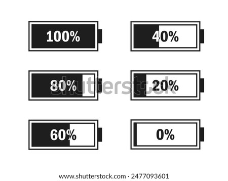 Level battery energy icon set. Powerfully full and power low up status batteries. Energy reusing concept. Alkaline tags. Battery charging point, charge indicator. Mobile plug. Vector illustration.