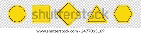 Set of round, square, rhombic, triangular and hexagonal yellow road signs. Vector illustration of icons for warning about the situation on the road. Transparent isolated background.