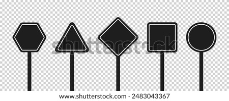 Set of round, square, rhombic, triangular and hexagonal black road signs. Vector illustration of icons for warning about the situation on the road. Transparent isolated background.