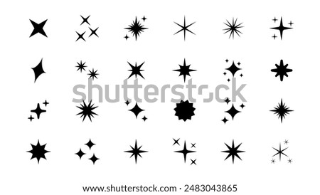 Set of original star sparkle shapes. Abstract shine effect vector sign. Retro futuristic bright vector icons collection. Glowing light effect, twinkle templates stars and bursts, shiny flash.