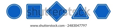 Set of round, square, rhombic, triangular and hexagonal blue road signs. Vector illustration of icons for warning about the situation on the road. White isolated background.