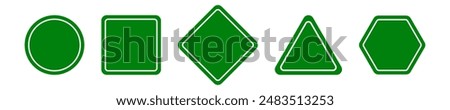 Set of round, square, rhombic, triangular and hexagonal green road signs. Vector illustration of icons for warning about the situation on the road. White isolated background.