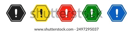 Set of hexagonal black, yellow, red, green and blue road signs with exclamation point. Caution sign. Vector icons for warning about the situation on the road. Isolated background