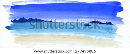 Colorful beach and tropical sea with islands. Watercolors painting.
