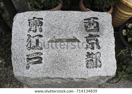A Sign for cities. It says 'East-Edo left-right arrow West-Kyoto'. They are city names of Edo period (the early modern period) in Japan.  Stok fotoğraf © 