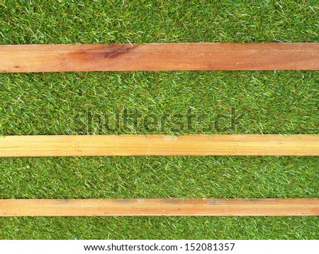 Background: Wooden plate with the green grass for designer