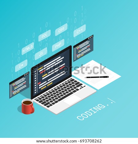 programmer coding binary computer,programmer skill isometric flat vector