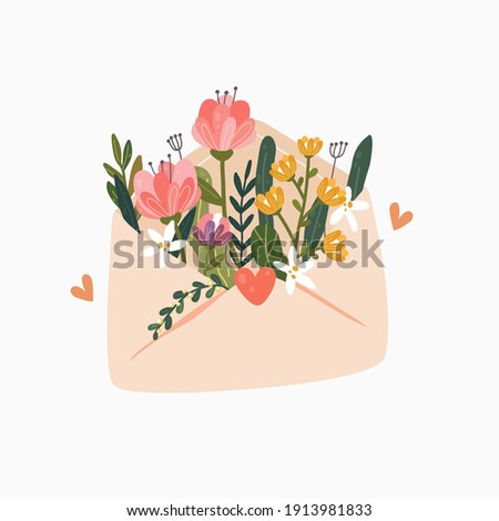 Flowers in an envelope. Floral mail. Happy Valentine's Day