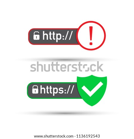 http and https protocols on shield, on white background. Vector stock illustration.